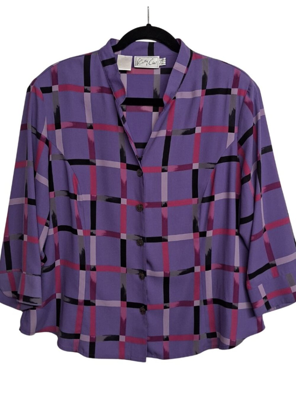 VTG KATHY CHE Purple Plaid Top Pink Black Print Button Front Blouse 16
